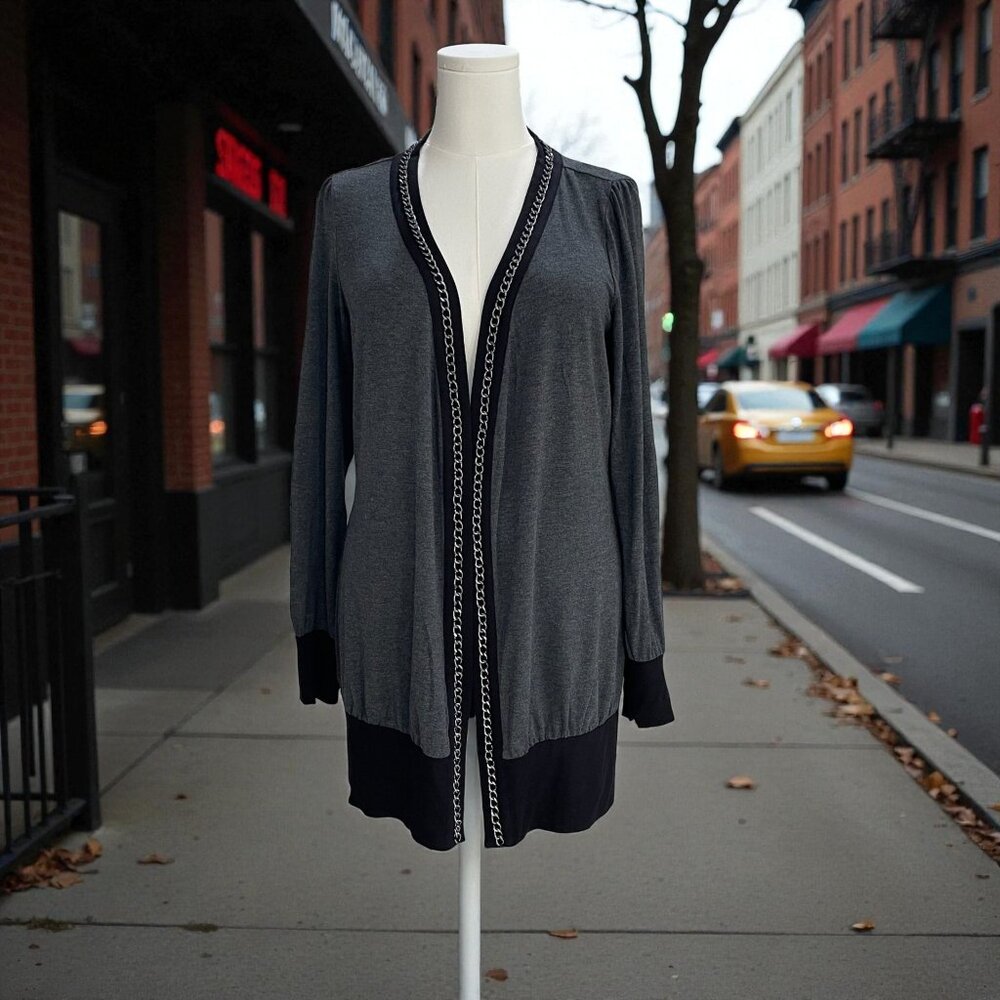 Vivienne Tam Chain Trim Cardigan Gray Size M NWT Minimalist Edgy Layering Chic